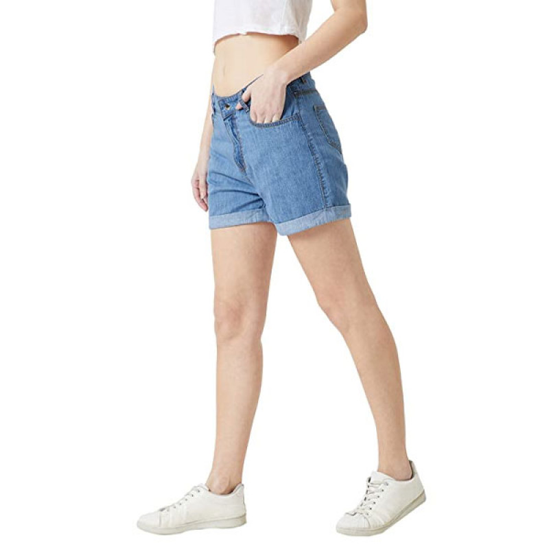 Women's Blue Relaxed Fit Clean Look Regular Length Mid Rise Shorts