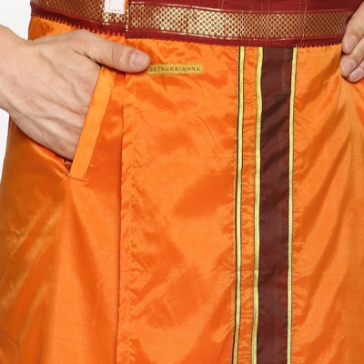 Men Orange Solid Readymade Dhoti With Angavastram