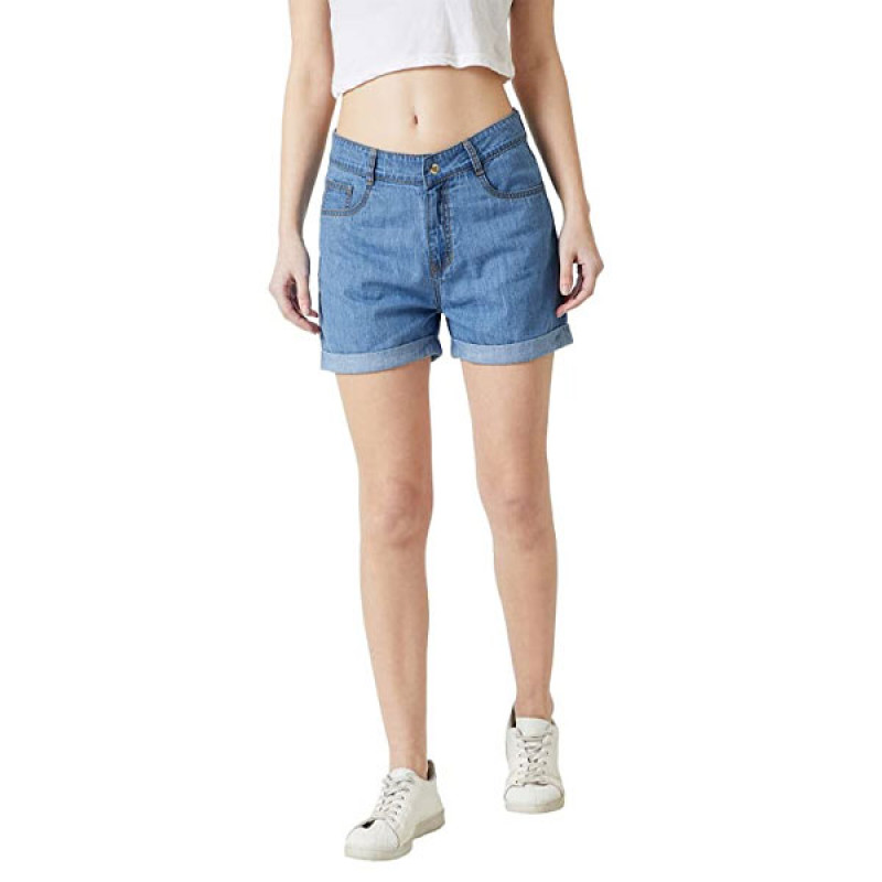 Women's Blue Relaxed Fit Clean Look Regular Length Mid Rise Shorts