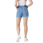 Women's Blue Relaxed Fit Distressed Mid Rise Ripped Fringed Shorts